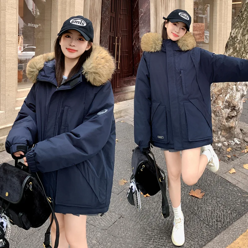 

2024 Winter Women's Faion Thiened Cotton Jaet Hooded Windproof Loose Fit Polyester Fiber Inner Sve Long Zipper Closure