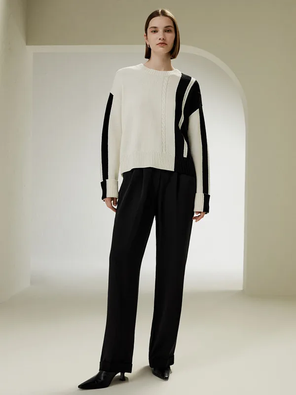 100% wool contrast sweater women's loose color matching sweater round neck autumn and winter sweater design sense