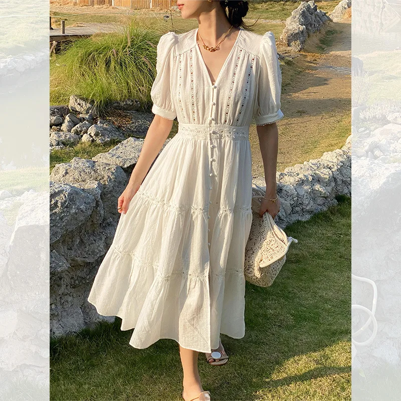 Vestido feminino branco em camadas com decote em v, vestido de verão, manga folhada, primavera e verão, 2024