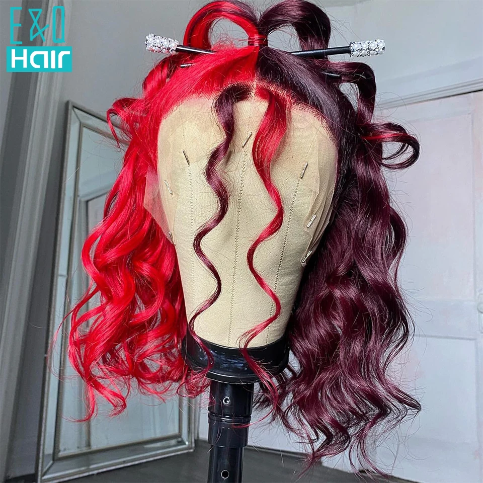 

Half Red With Pink Wig Water Wave Short Bob Human Hair Wigs Pre Plucked For Women Ombre Colored 13x4 Straight Lace Frontal Wigs