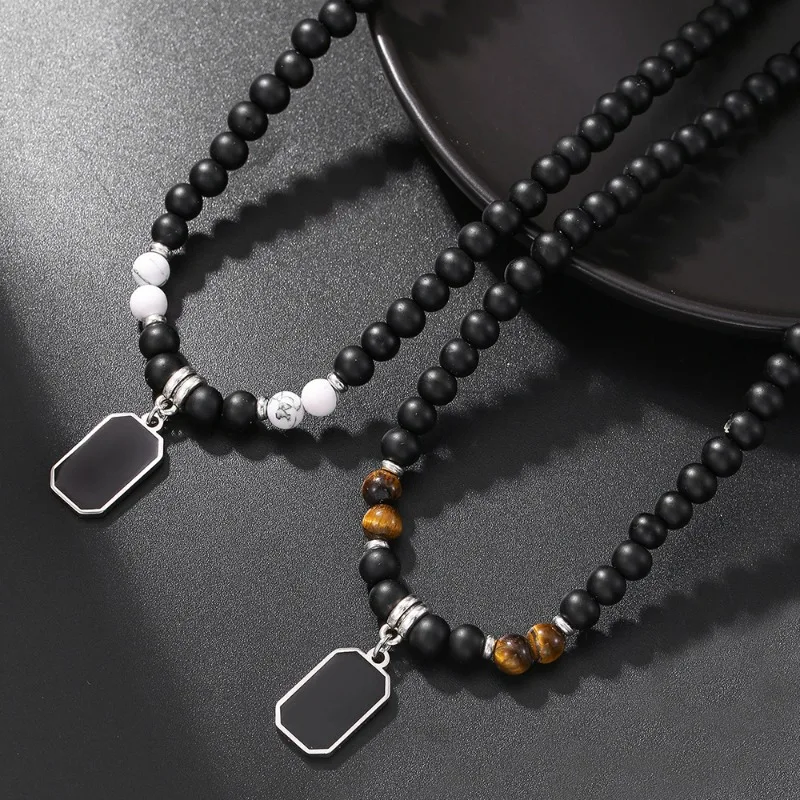 

Neck Collar Black Tiger Stone Beaded Clavicle Necklace Punk Geometric Stainless Steel Pendant Choker for Men Casual Jewelry