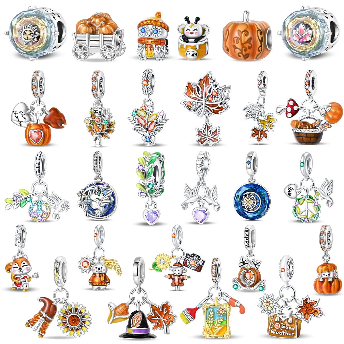 女性のためのカエデの葉とカボチャの小麦ビーズ,925スターリングシルバー,秋のシリーズ,ブレスレットに合うチャーム,ジュエリーギフト