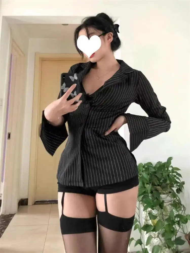 

Блузка Женская приталенная в полоску, винтажная модная офисная элегантная рубашка с длинным рукавом, черный топ в Корейском стиле