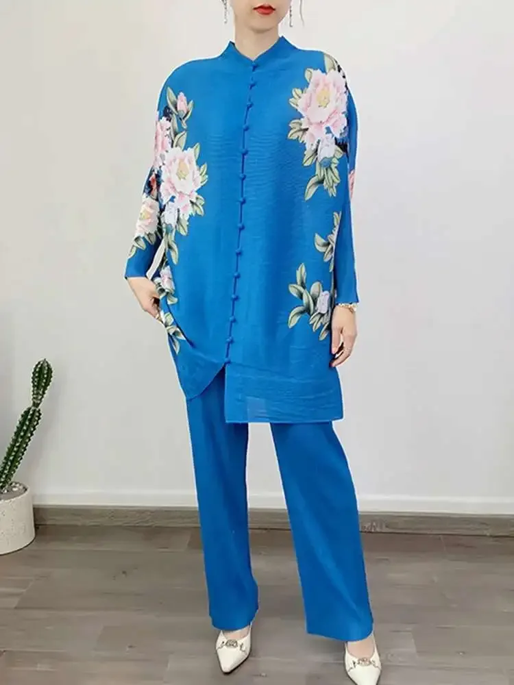 Miyake 2025 Summer New Single Breasted Top Casual Straight Wide Leg Pants Female Fashion Printed Pleated Two Piece Women's