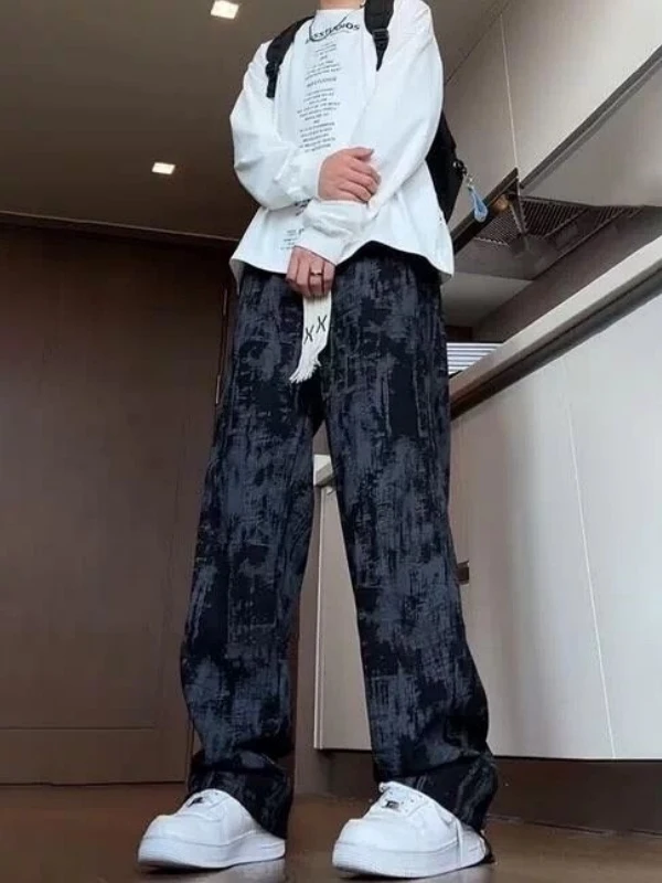 

plus Size American High Street Tie Dye Straight Leg Pants Men's Autumn Spring Street Sle Drapey Wide Leg Long Trousers