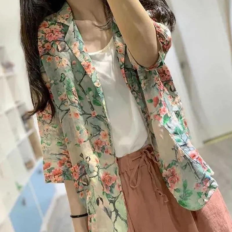 Blazers Women Print Single Button Notched Loose Elegant Stylish Casual All-match Summer Breathable Thin Cool Fashion Daily New