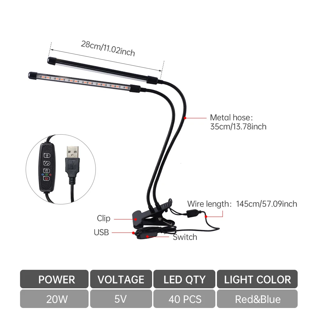 Interior Full Spectrum LED crescimento vegetal luz, quatro suplementos vegetais verdes, flor carnuda, USB