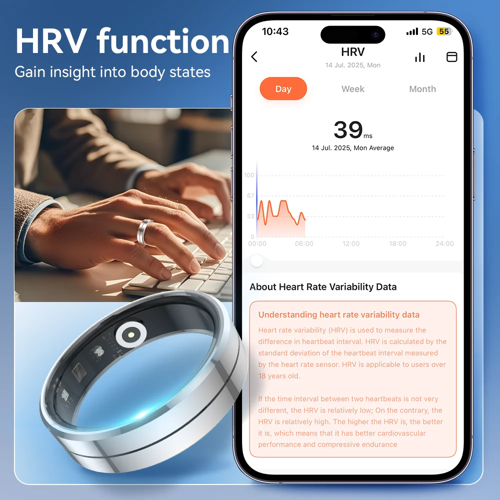 ﻿ 2025 حلقة ذكية مقاوم للماء 5ATM معدل ضربات القلب الأكسجين في الدم مراقبة الصحة مراقبة النوم تتبع عن بعد رجل إمرأة Smartring