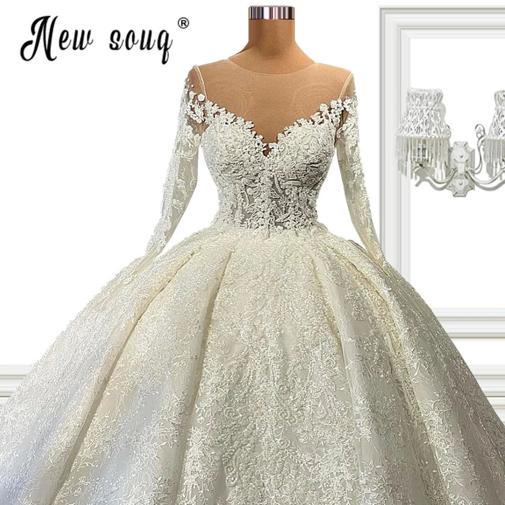 Wunderschöne Ballkleid Spitze Hochzeit Kleid Langarm Ballkleid Brautkleider Dubai Appliques Perlen Prinzessin Vestido De Novia