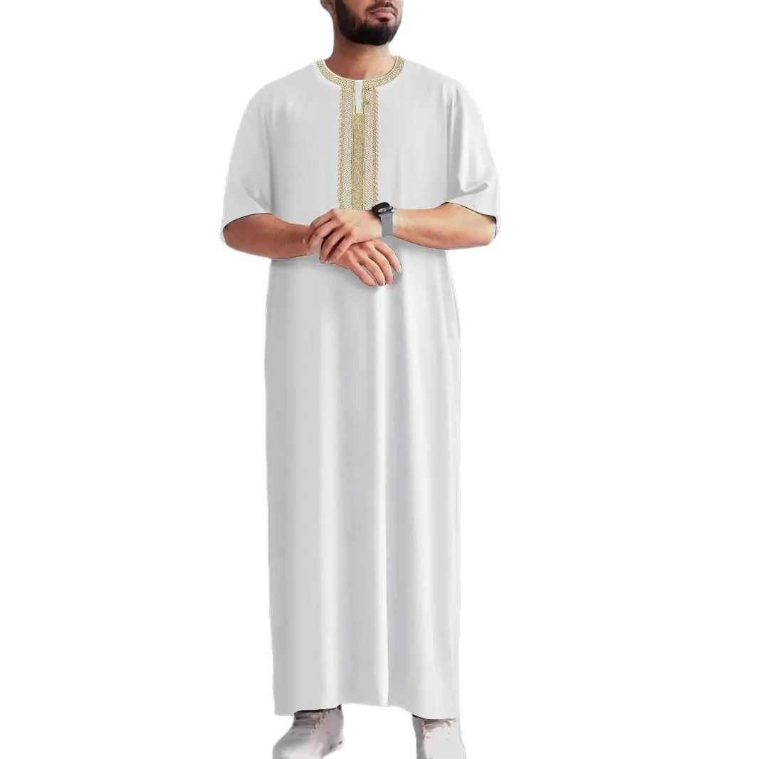 2025 جديد الشرق الأوسط خمر مسلم متوسط الأكمام التطريز العرقية نمط المغربي الرجال رداء الجانب جيب الرجال رداء مسلم