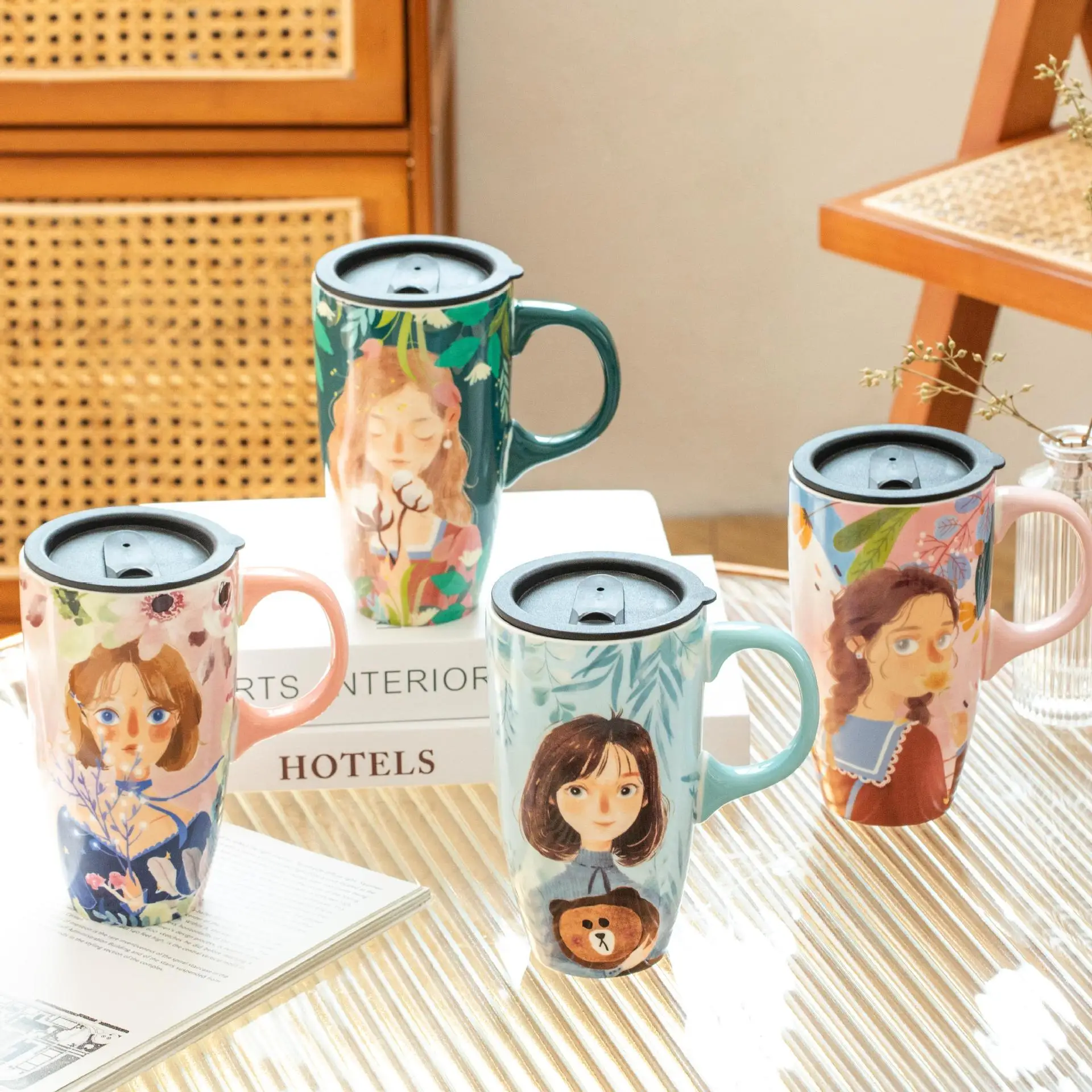Light Fresh Large Capacity Ceramic Mug Cute Girl Style Mug with Lid High Aesthetic Appeal Household Coffee Cups Retro Water Cups view 3