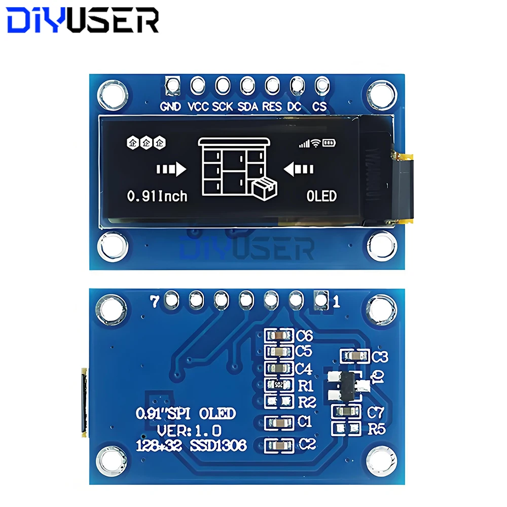 0.91 Inch OLED Display Module 128x32 SSD1306 SPI/I2C White Blue for Raspberry Pi ESP32 ESP8266 DIY