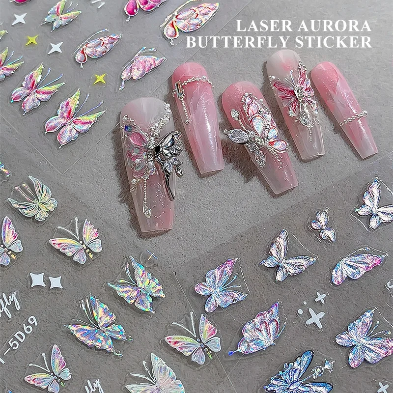 KANIU 1 Folha de Adesivos de Unha Borboleta Aurora Rosa Roxo Brilhante Laser 3D Efeito Concha Borboleta em Relevo Decorações de Unha