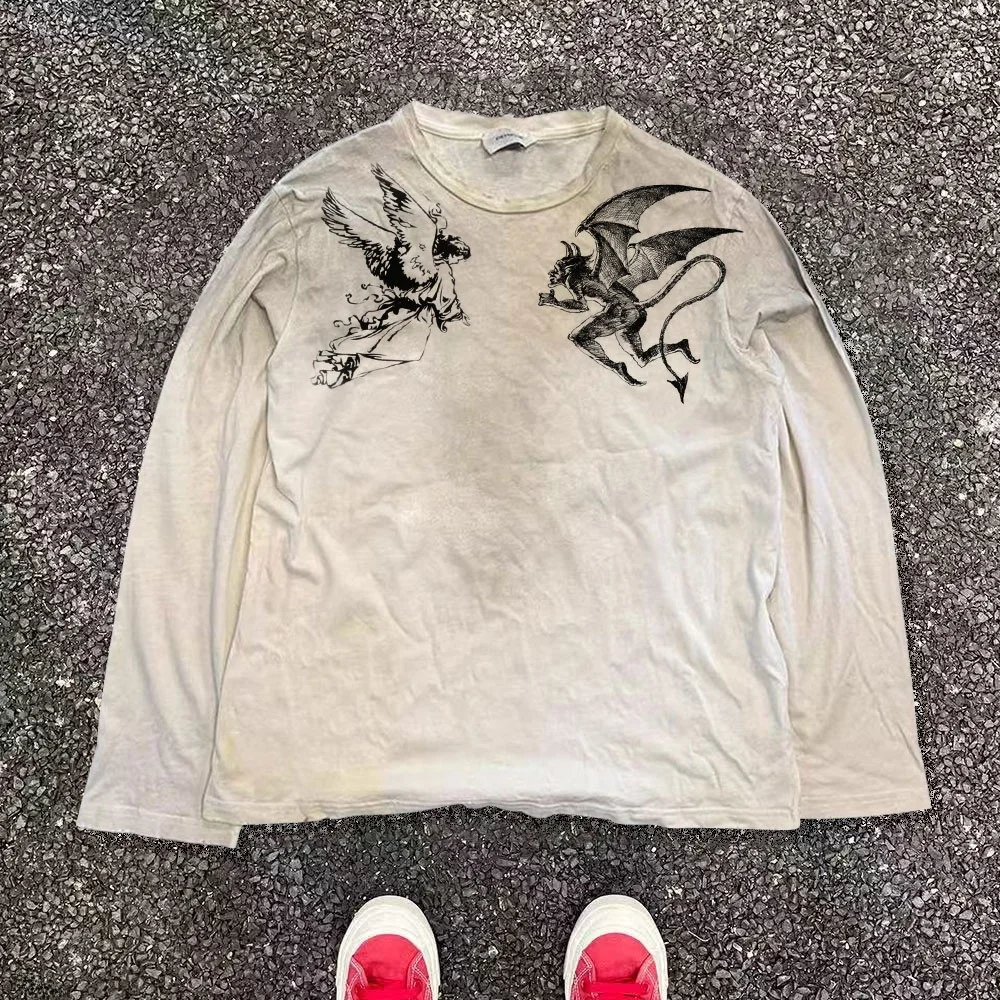 Wang Studio 180G Vintage Dirty Long Sleeve American Style T-Shirt EMO Series Aby Style Aesthetic Cotton Breathable Casual Top