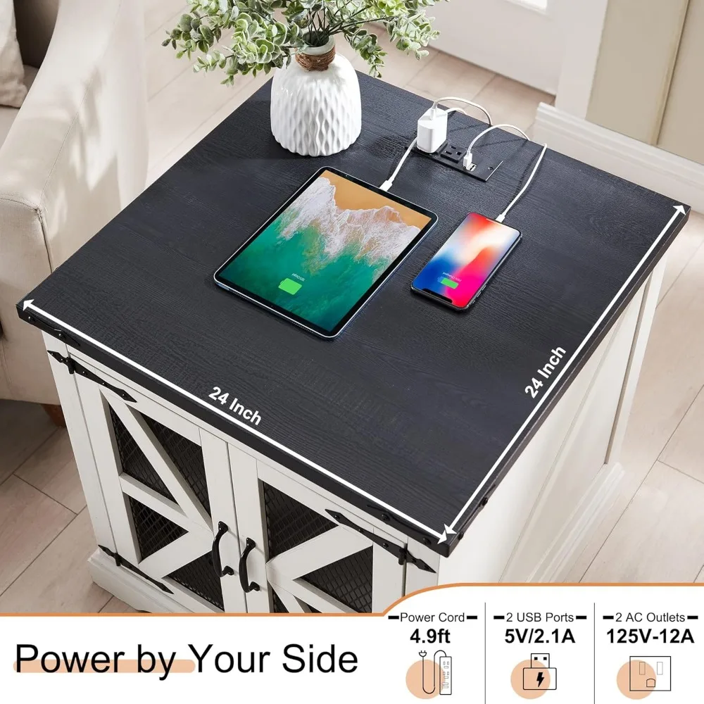 Rural Style Wooden Square Bedside Table, Sofa Side Table with Charging Station, Mesh Barn Door,and Adjustable Storage Rack,White