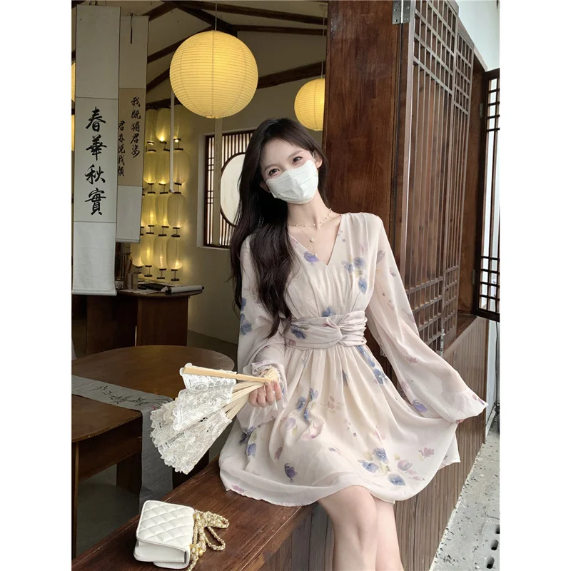 

Summer Chiffon Dress Women 2023 New French Gentle Floral Elegant Fragmented Mini Dress V-neck Long Sleeve Dress For Women