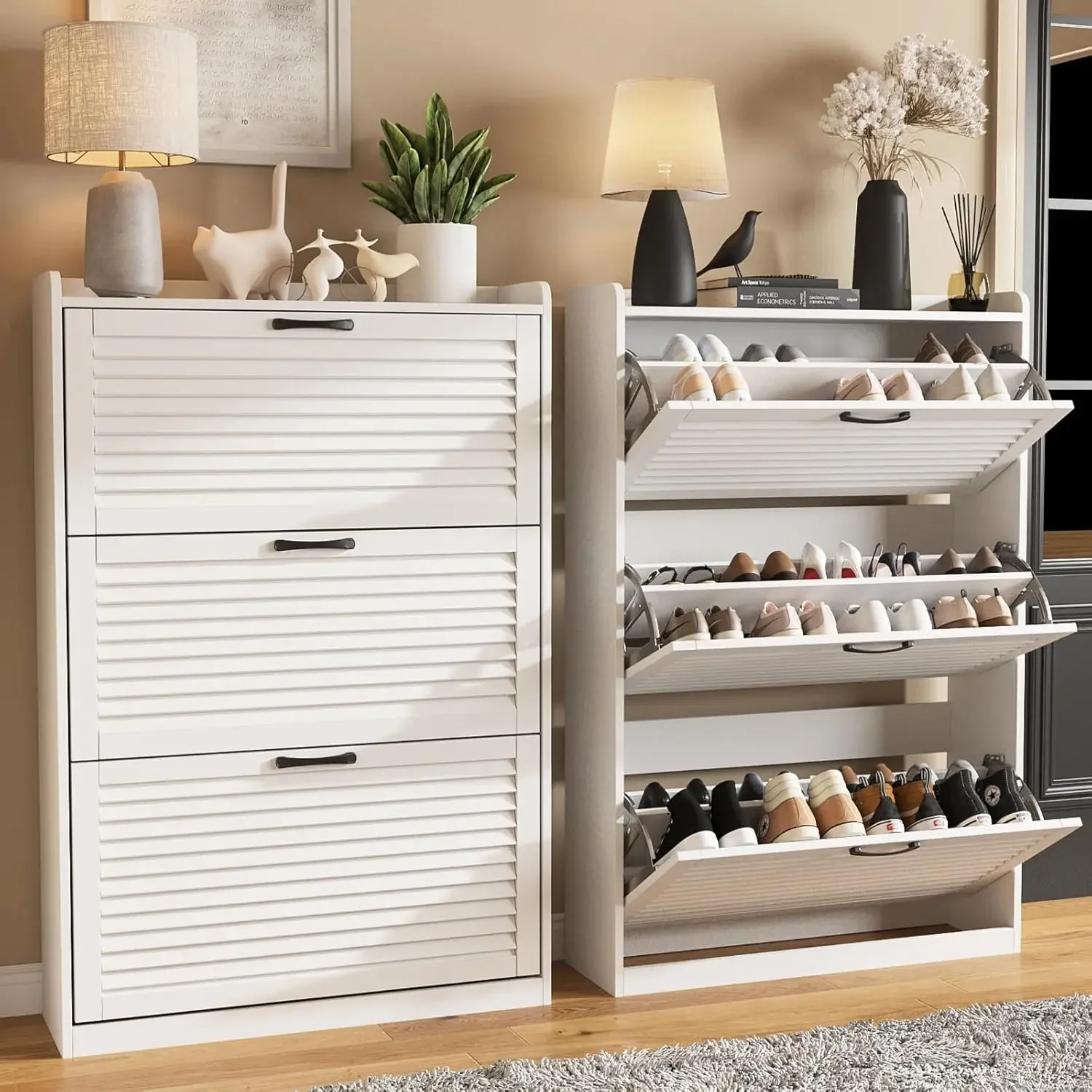 Shoe Storage Cabinet with 3 Flip Louvered Doors, Freestanding Organizer with Metal Hinges, Shoe Cabinet for Entryway, Na