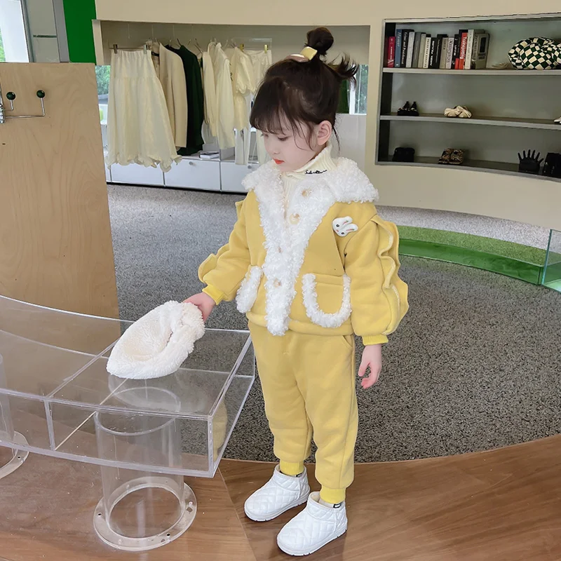 Children Winter Clothing Sets for Baby Girls Coats Pants Cartoon Rabbit Kids Clothes Outfits Thickened Plush Infant Tracksuits