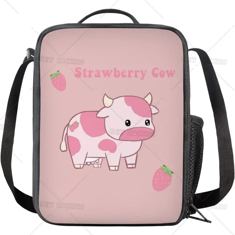 Kawaii Strawberry Cow Reusable Lunch Bag Insulated Lunch Boxes Cooler Bags Picnic Snacks Containers for Women Girls School Work