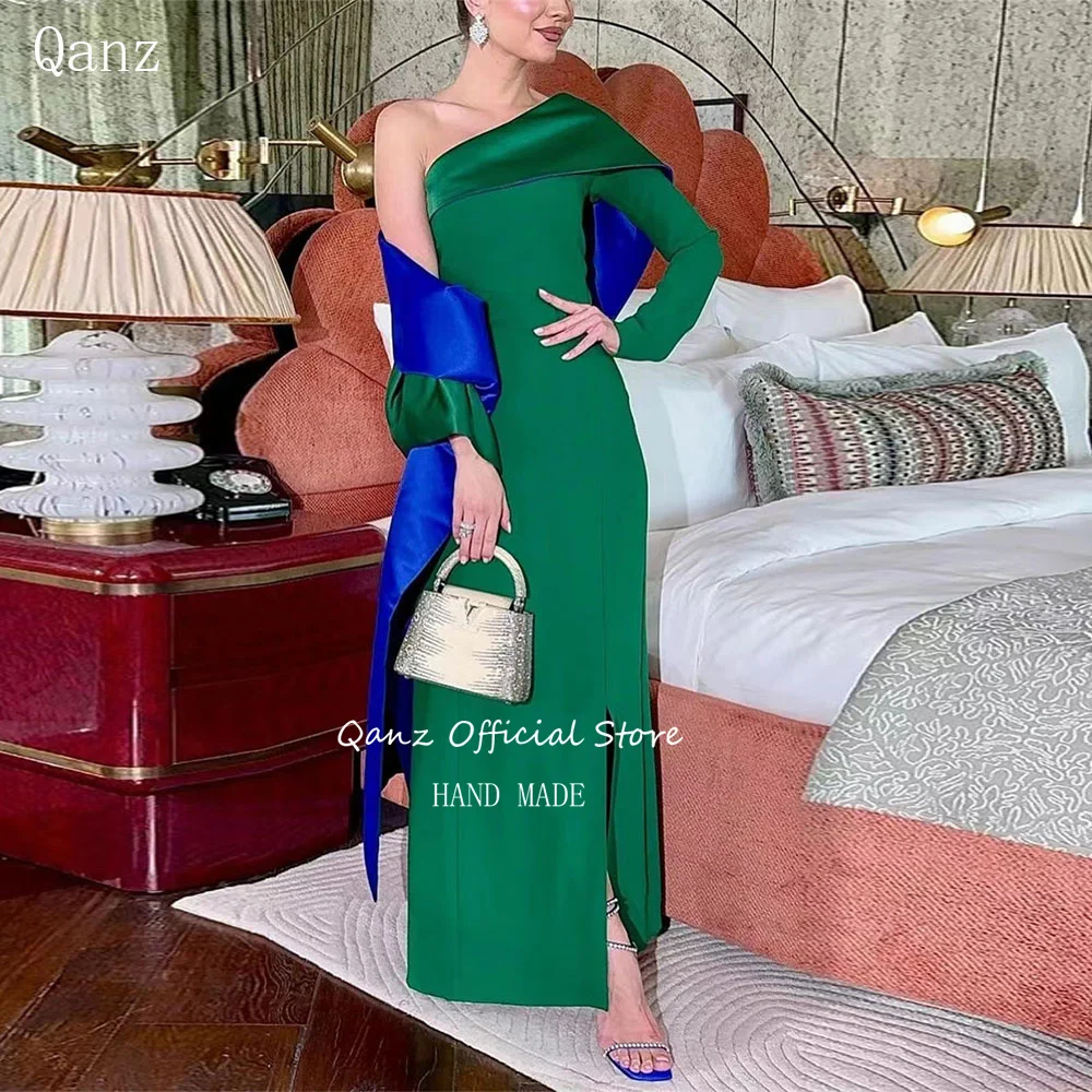 Qanz Green Evening Dress Mermaid High Slit Satin One Shoulder Party Gowns Side Split Saudi Arabia Party Gown Women Customized