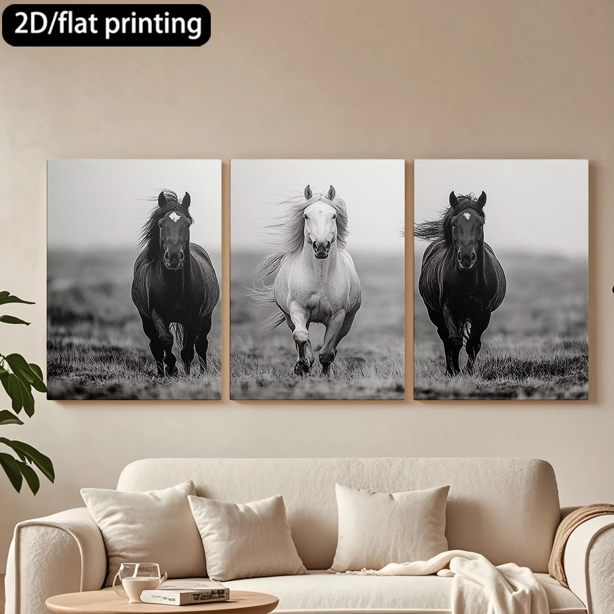 

2D плоская печать, 3-х частная декоративная картина на холсте в деревянной раме. Три скачущих коня, луг. Декор для коридора и спальни.