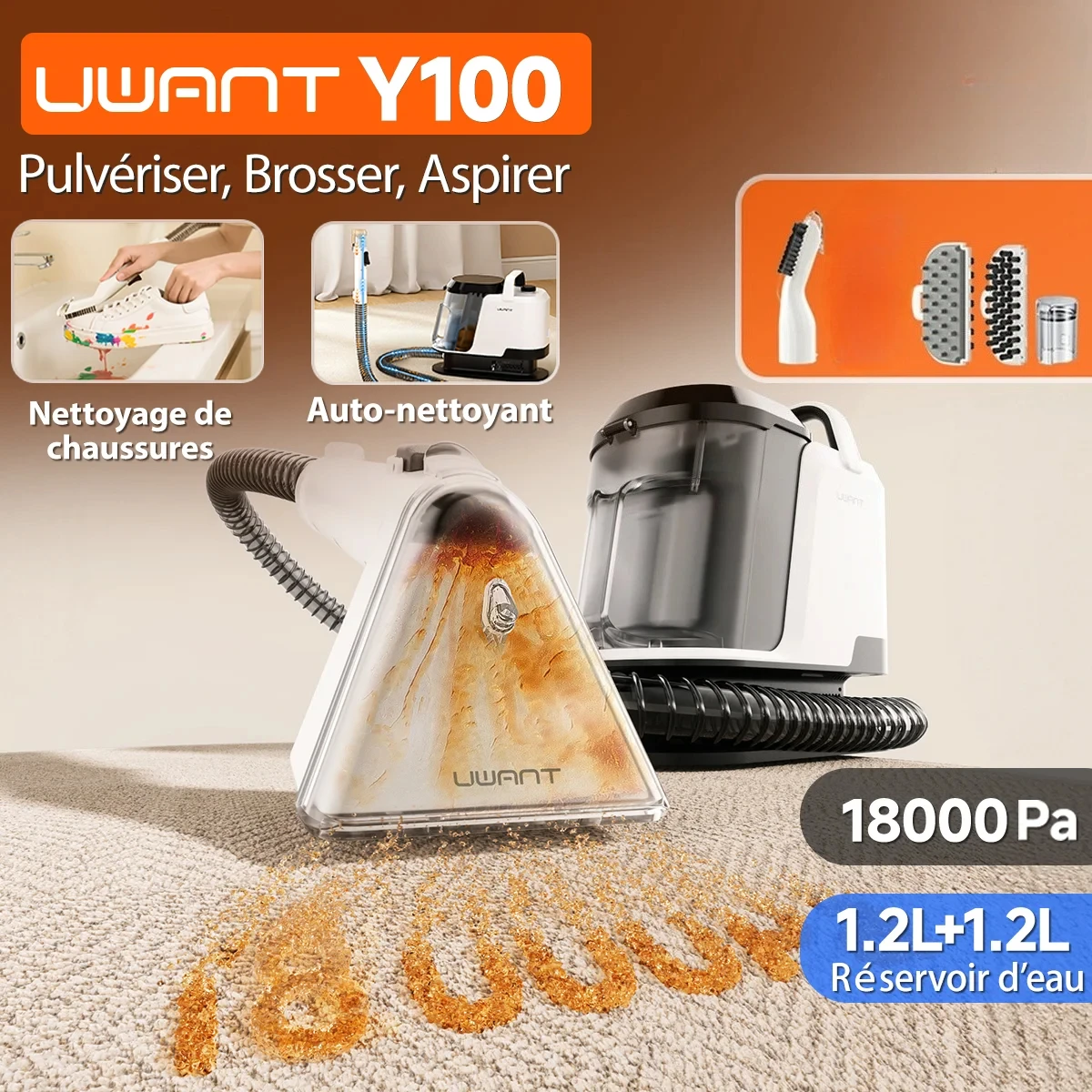 Uwant 18KPa Carpet Cleaner Spray Brush Suction Portable Clean Machine for Sofa Car Shoe Pet Hair Odor Removal Self-Cleaning