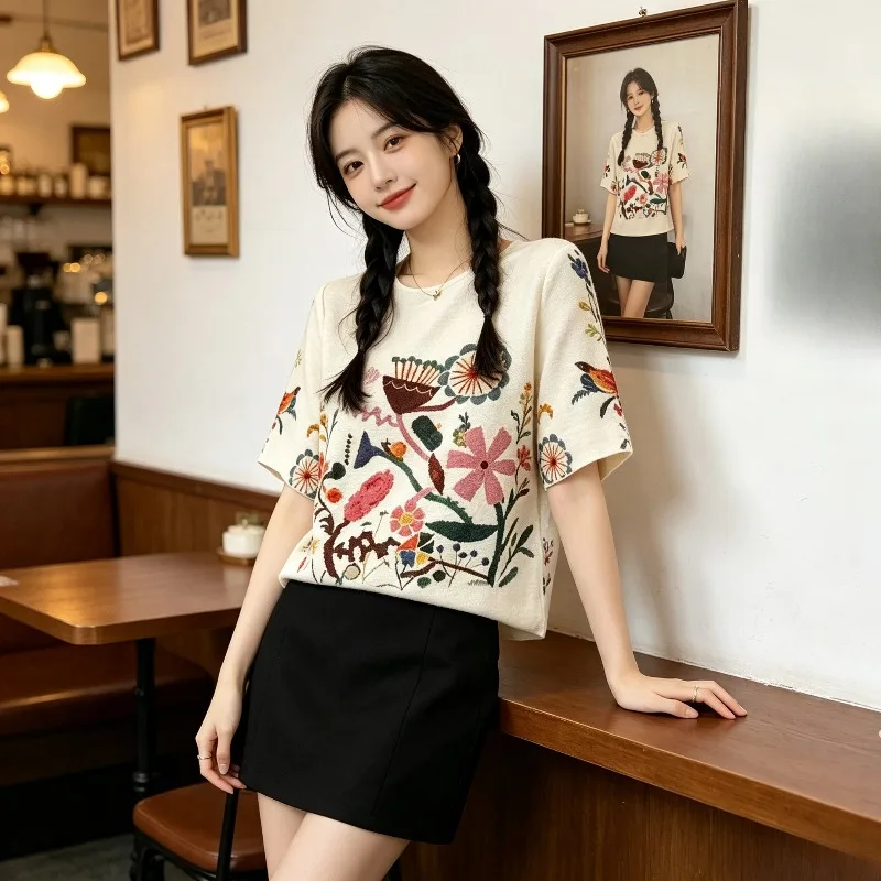 Miyake Pleated 2026 Original Heavy Embroidery Pleated T-Shirt for Women Summer New Loose Plus Size Versatile Age-Reducing Top