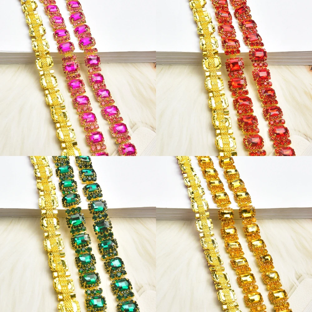 1 Yarda de Adorno de Diamantes de Imitación Rojo Fucsia, Cadena de Cristal Metálica Brillante Rectangular, Accesorios de Costura para Vestidos de Novia y Ropa DIY