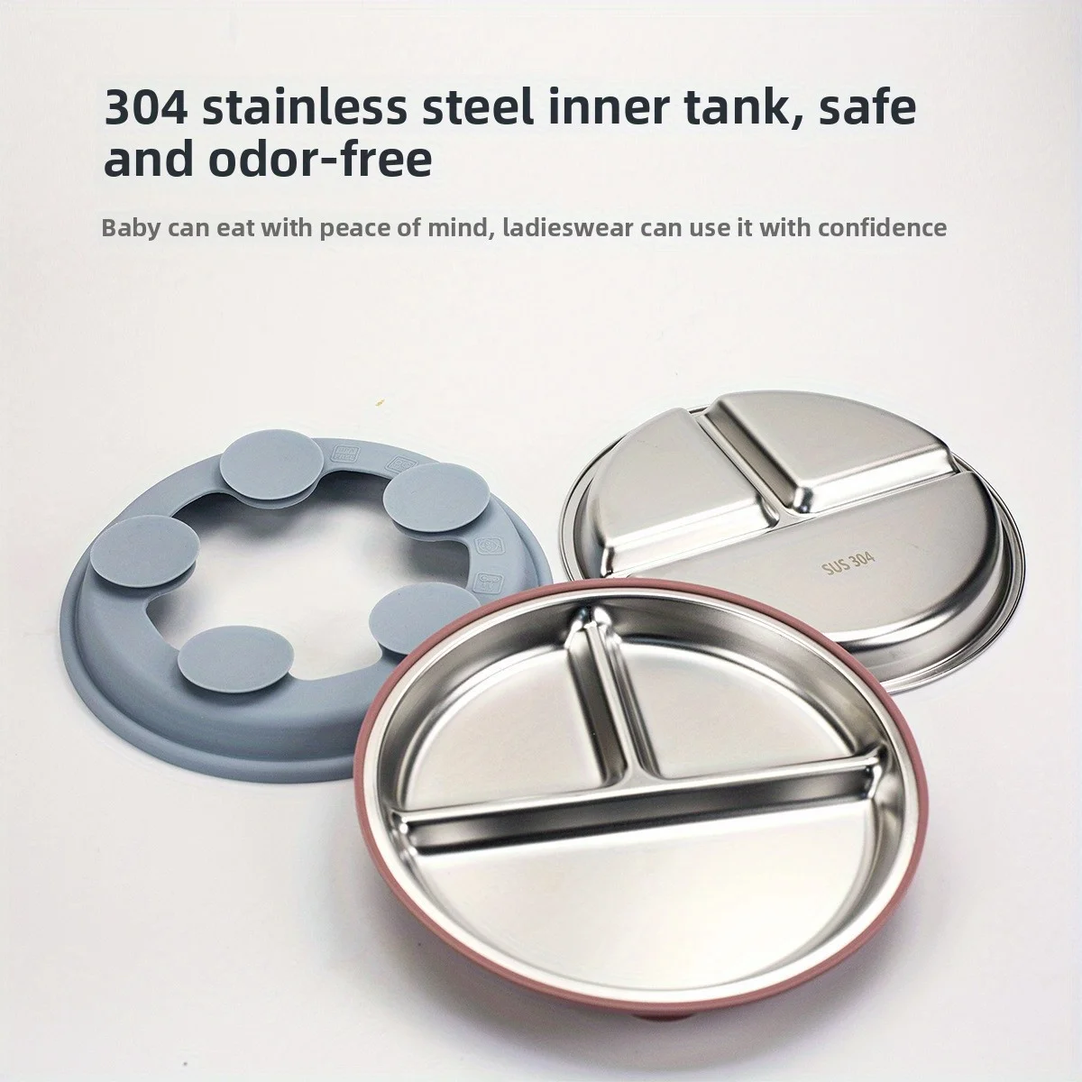 

New style children's silicone plate baby eating compartment 304 stainless steel tableware dinner plate with suction cup type