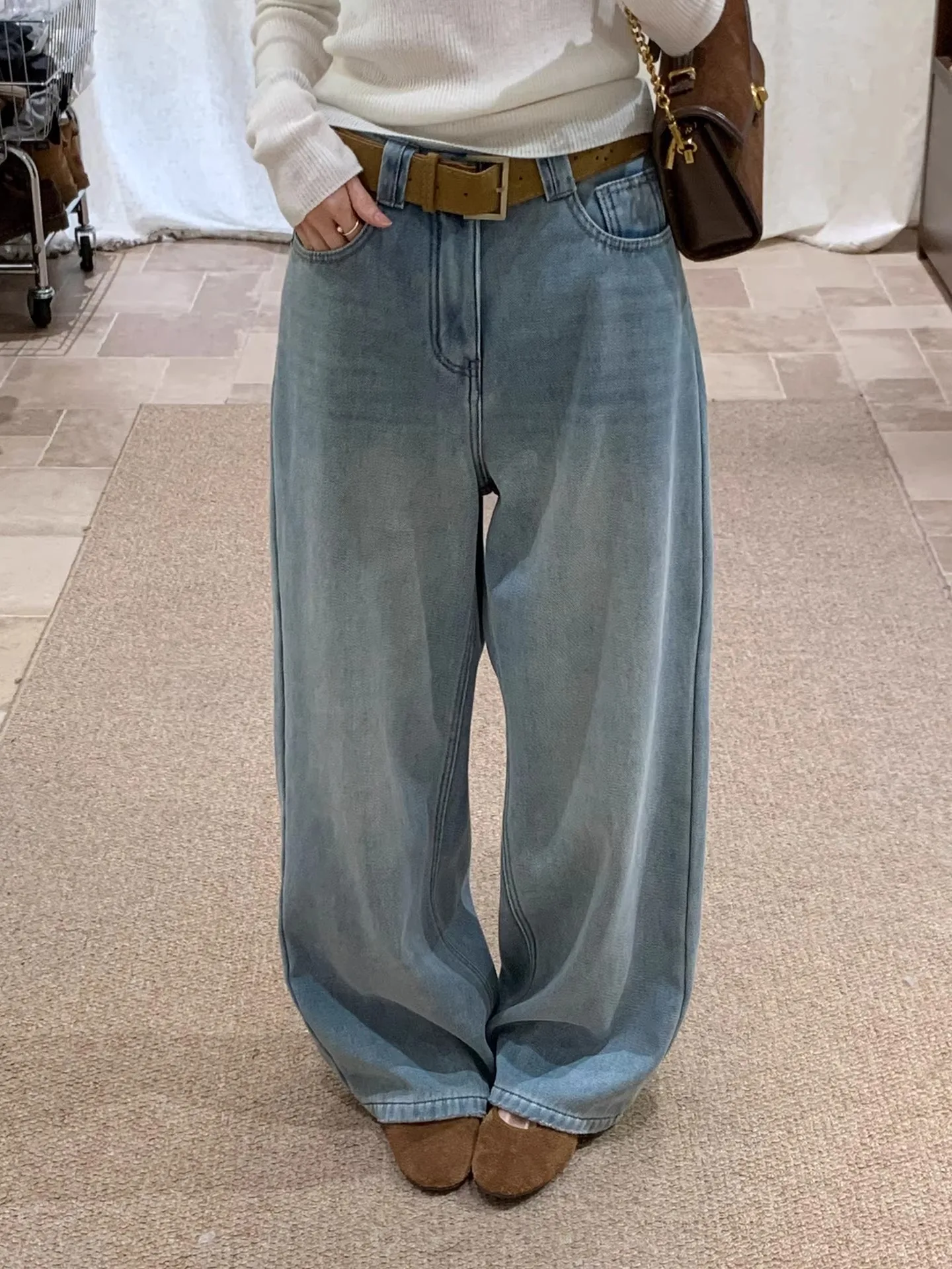 

Korean Sle High Waist Wide Leg Fce Lined Denim Jeans Women Winter Vintage Waed Floor Length Straight Leg Pants