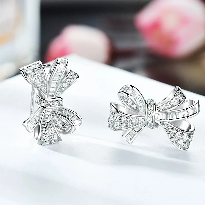 2023 New Bow Tie Earrings European and American Vintage s925 Sterling Silver Inlaid Ladder Square Stone Female Earrings