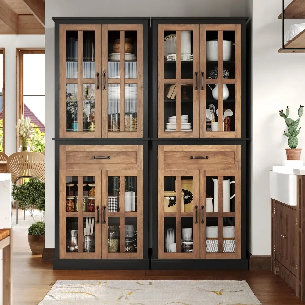 Kitchen Cabinet, Tall Cabinet with Glass Doors and Drawer, Freestanding Pantry Hunch with Adjustable Shelves, Cabinets Kitchen