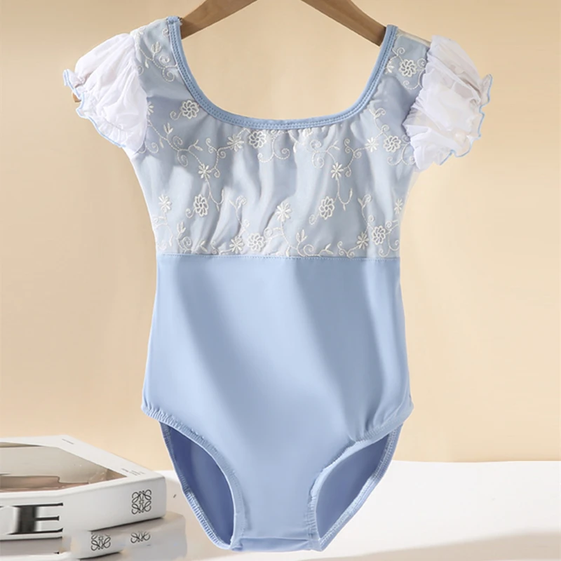 Girls Ballet Leotards Classical Short Sleeve Gymnastic Ballerina Outfit Stretch Puff Sleeves Bodysuit Elegant Toddler Dance Wear