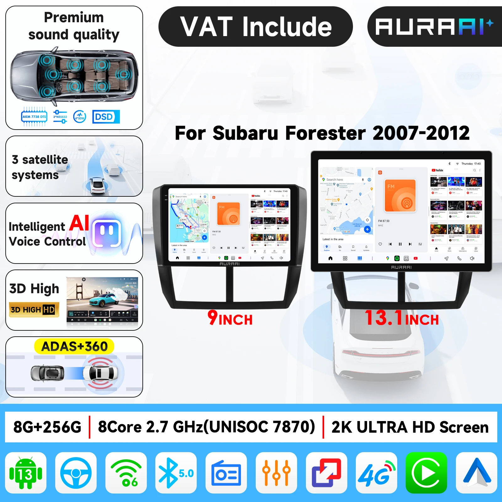 Radio Inteligente para Auto AURAAI 2.7Ghz 2K con Carplay 4G y Android para Subaru Forester, Subaru Impreza WRX STI 2008-2014, Multimedia