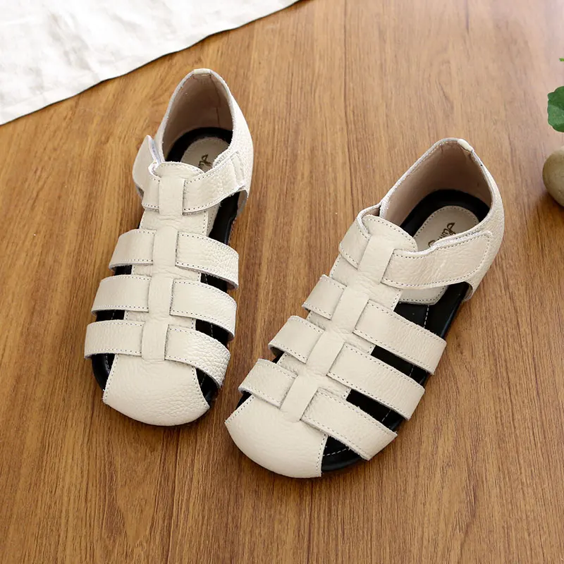 Soft Bottom Real Leather Roman Shoes Women's Flat Bottom Slip-On Breathable Hollow out Design Summer Flats Magic Tape Sandals