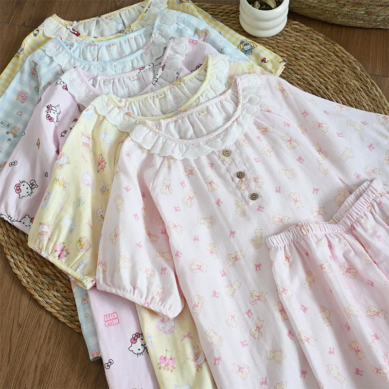 

Хлопковая двухслойная марлевая пижама с кружевом в стиле принцессы, женская летняя новинка, с короткими рукавами, брюками и шортами, домашняя одежда в стиле INS.