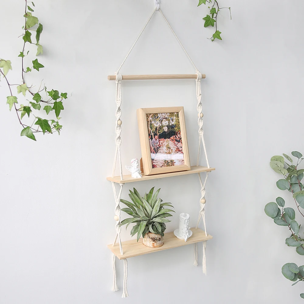 

Wooden Shelf Macrame Wall Shelves Boho Home Decor Corner Shelf Living Room Flower Pot Stand Storage Organizer Nursery Decor