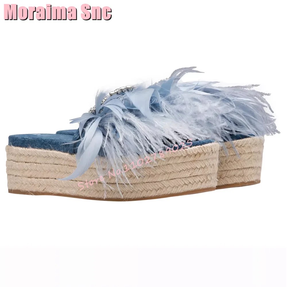 

Fashion Feather Crystal Denim Slippers Platform Vines Increaing Height 2024 New Summer Sexy Women Slides Outdoor Beach Casual