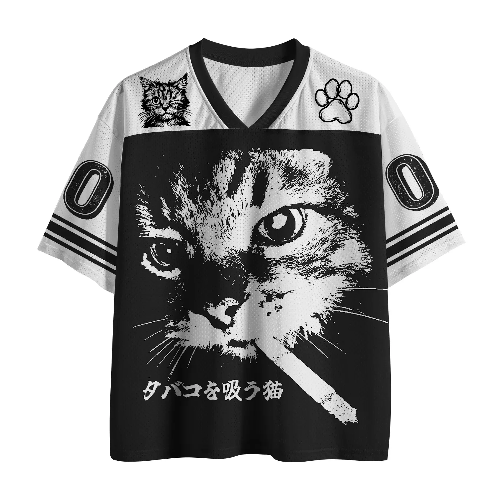 Y2K Hip Hop Unisex Summer Quick Dry V Neck Mesh Jersey Cat Face Japanese Text Number 0 Print Loose Streetwear Short Sleeve Tee