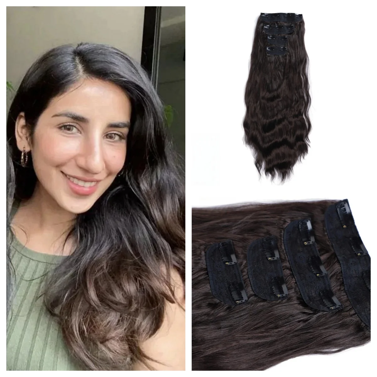 

Набор из 4 частей: 11 заколок для наращивания волос, длинные, волнистые, кудрявые, коричневые, синтетические, термостойкие, с двойным плетением