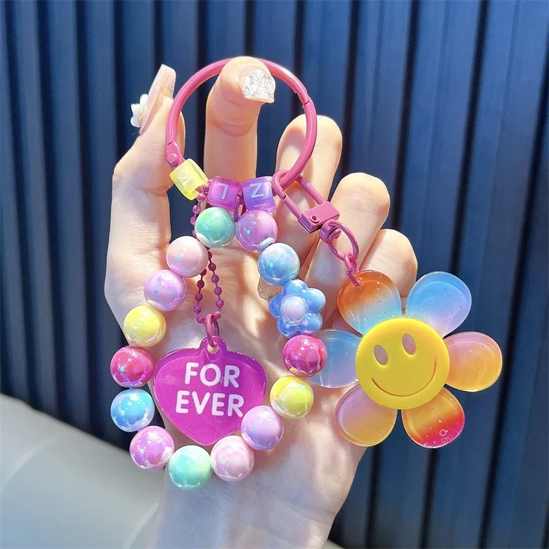 Korean Style Sweet Flower Keyrings Colorful Beaded Chains Keychains Acrylic Flowers Keys Accessories For Cellphone Pendnat  2024