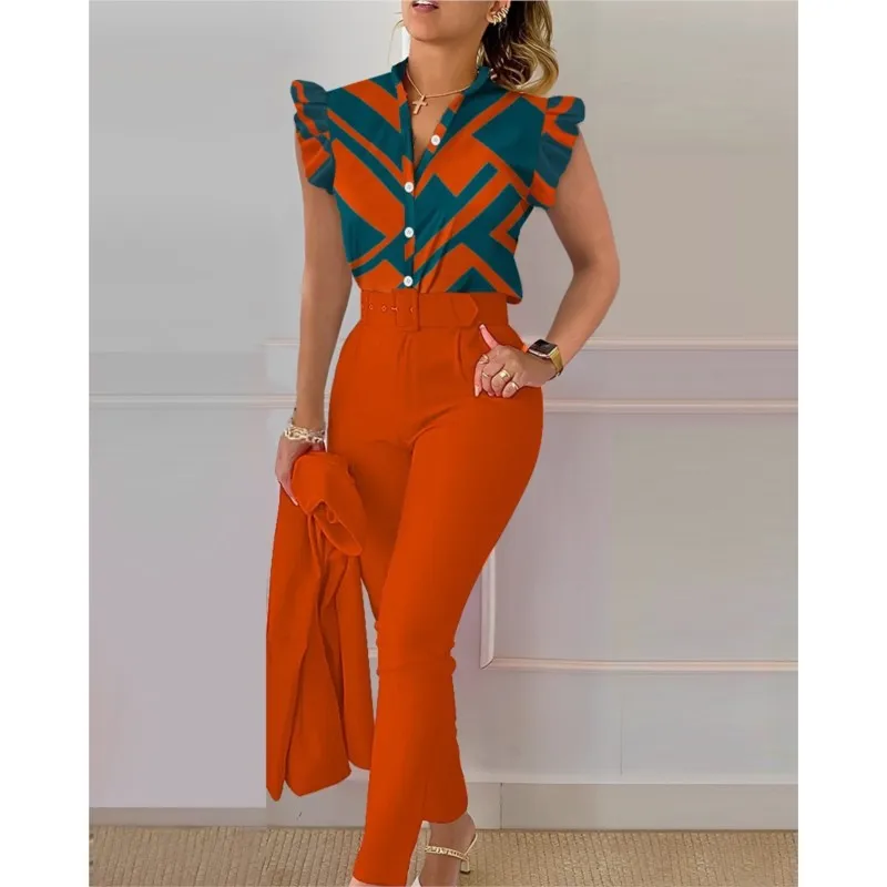 Elegant Short Sleeve Shirt Pants Set Office Lady Fashion V Neck Floral Print Ruffles Trousers Two Piece Set Women Outfit 2024