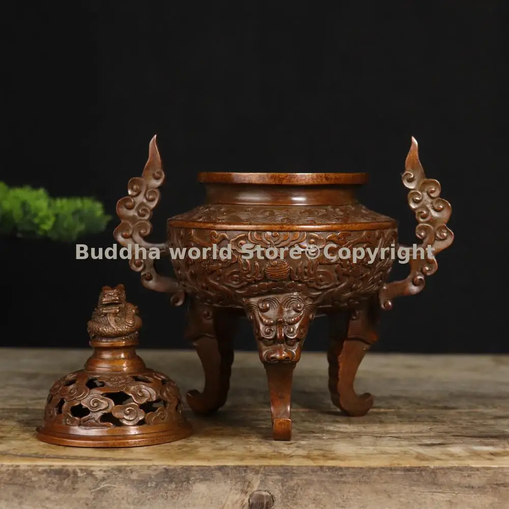 20CM TOP collection Asia Vintage bronze Double ear auspicious cloud dragon head aromatherapy stove old Incense burner