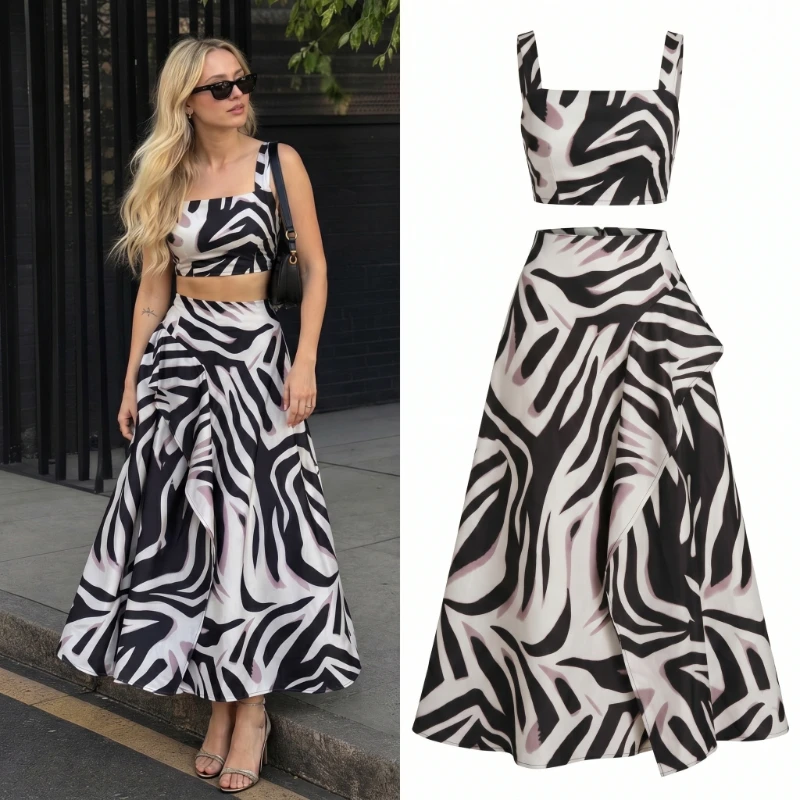 Elegant New Fashion Zebra Print Ruffle Skirt Sets Women Camisole Top Skirt Suits Chic Korean Party Daily Streetwear Skirts Set