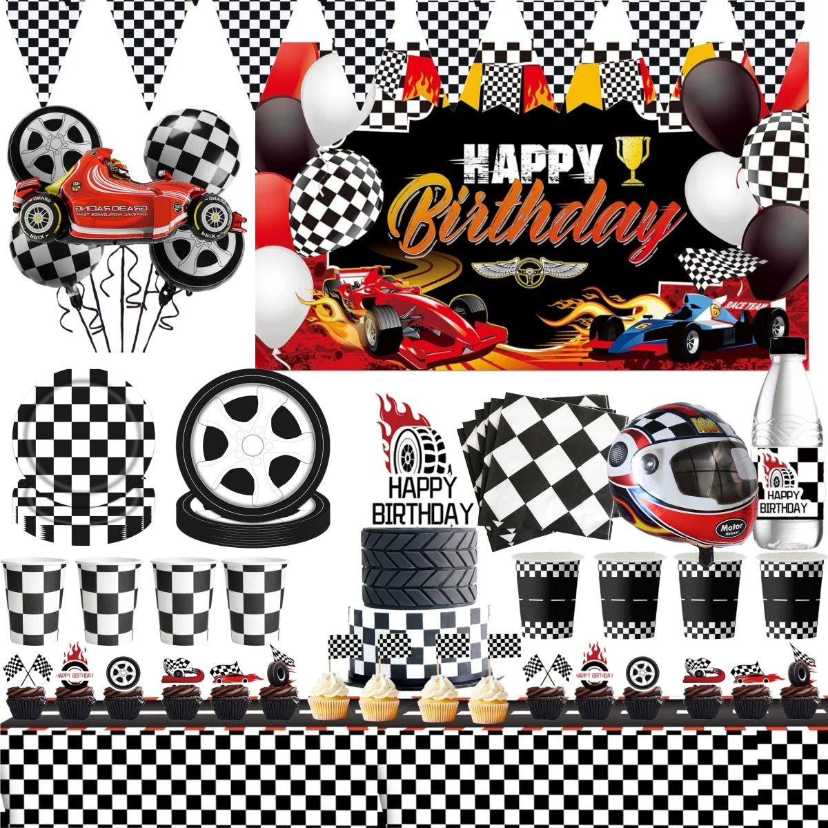 

Black White Racing Car Birthday Decor Disposable Tableware Checkered Race Car Tablecloth Plate Baby Shower Boys Party Supplies