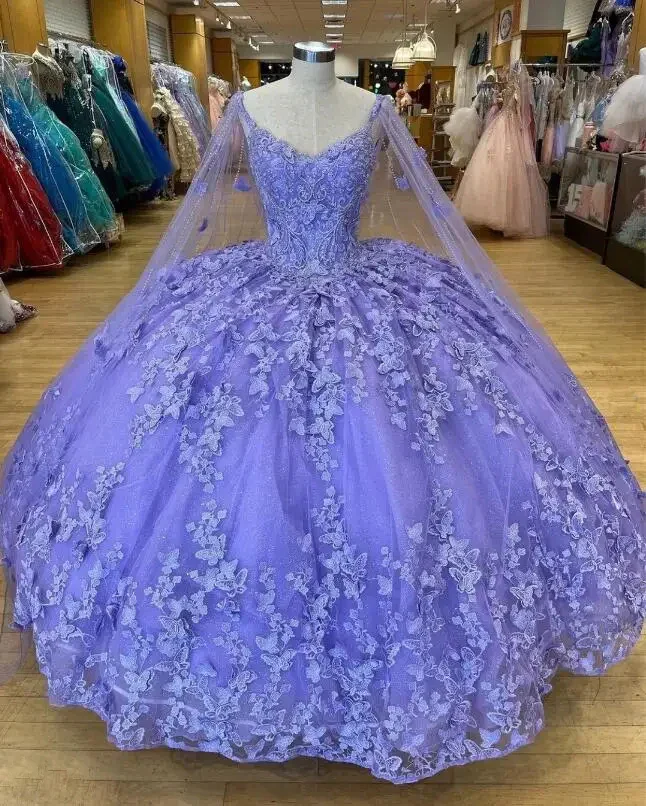 LIYYLHQ Lavender Princess Quinceanera Dresses with Cape Sweetheart Ball Gown Butterfly Lace Appliques Beaded Birthday Party Gown