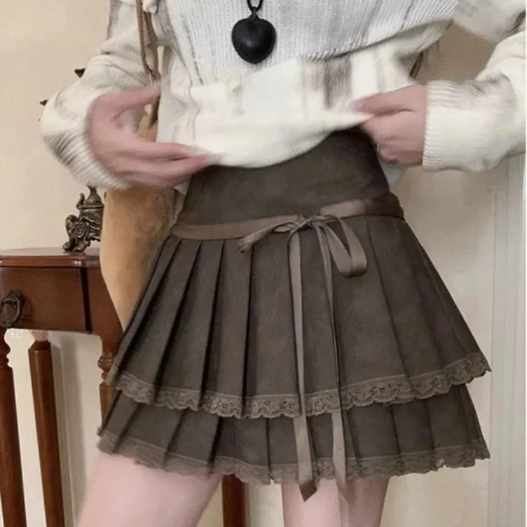 

Early Autumn Pu Leather Skirts Y2k Vinage Lace Patchwork Tie Bow Skirt for Women New High Waist All-match Faldas Mujer