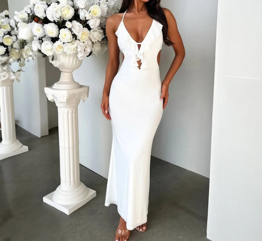 

Women's Dress Sexy Wedding Guests Party Evening Dress Solid Ruffle Design Halter Tie Details Backless Spaghetti Strap Maxi Dress