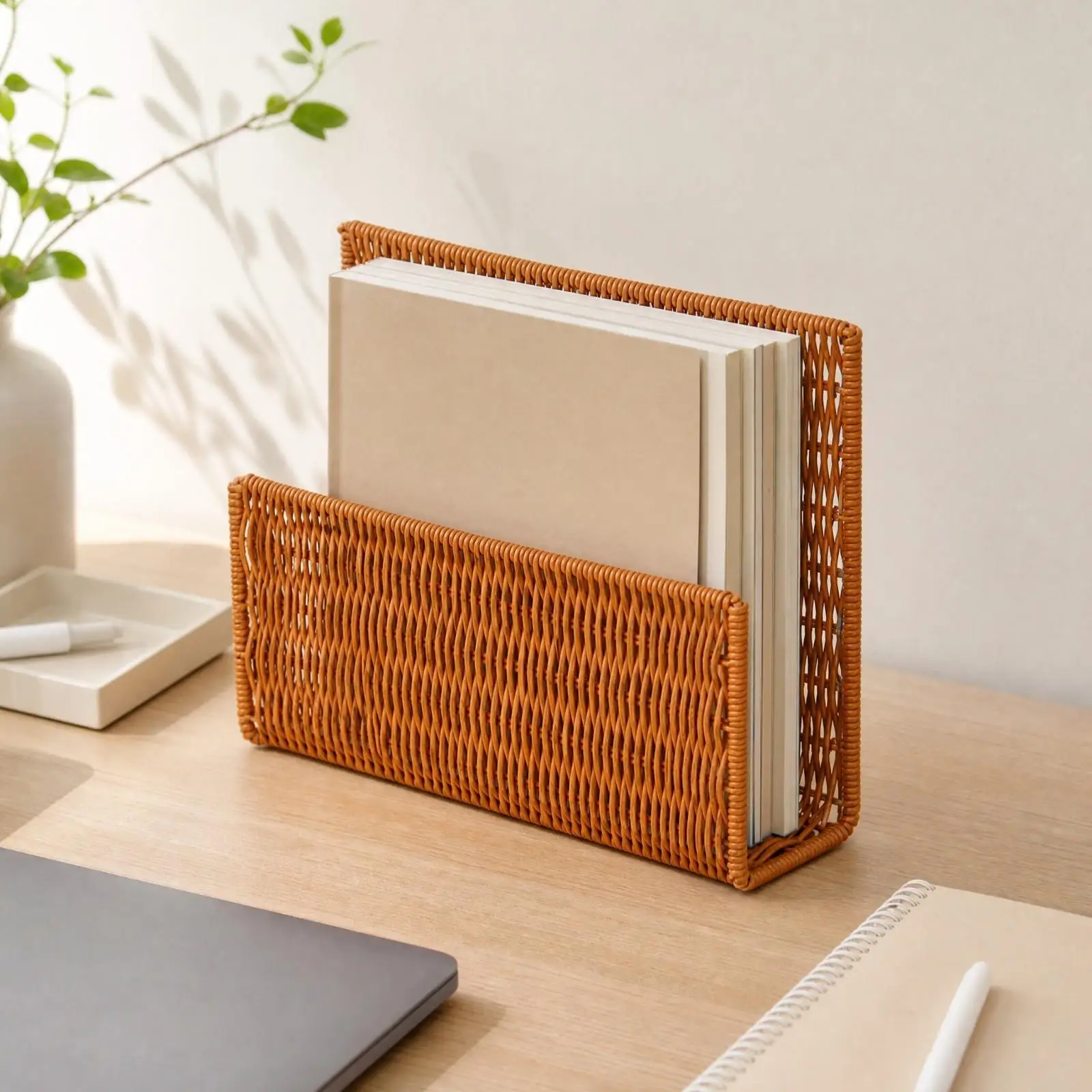 Woven Magazine Rack Desk Storage Holder for Office Workspace Books and Pencil Organizer