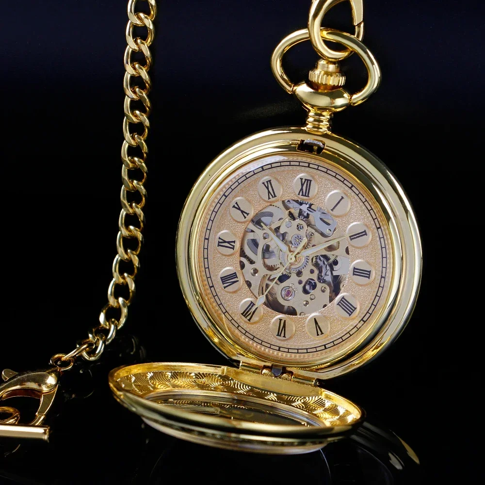 New Gold Transparent Roman Digital Mechanical Pocket Watch Vintage Hollow-Out Case Analog Skeleton Men's Mechanical Pocket Watch